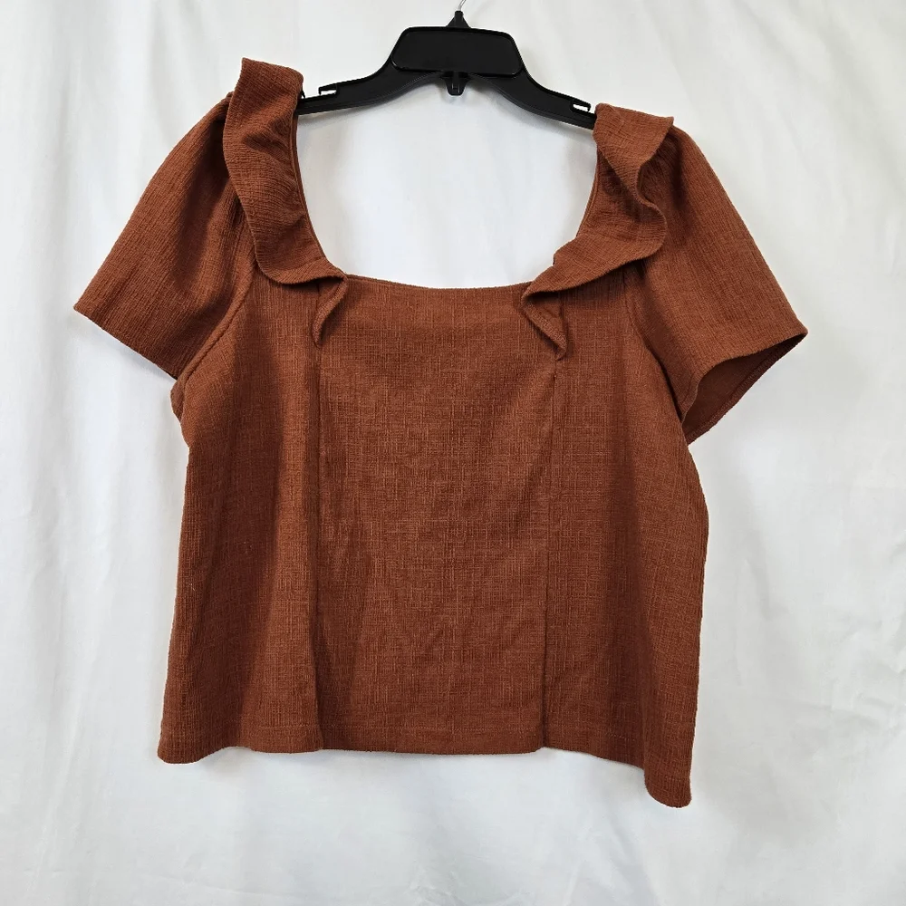 Madewell Women's Rust Orange Crosshatch Ruffled Short Sleeve Career Blouse Large